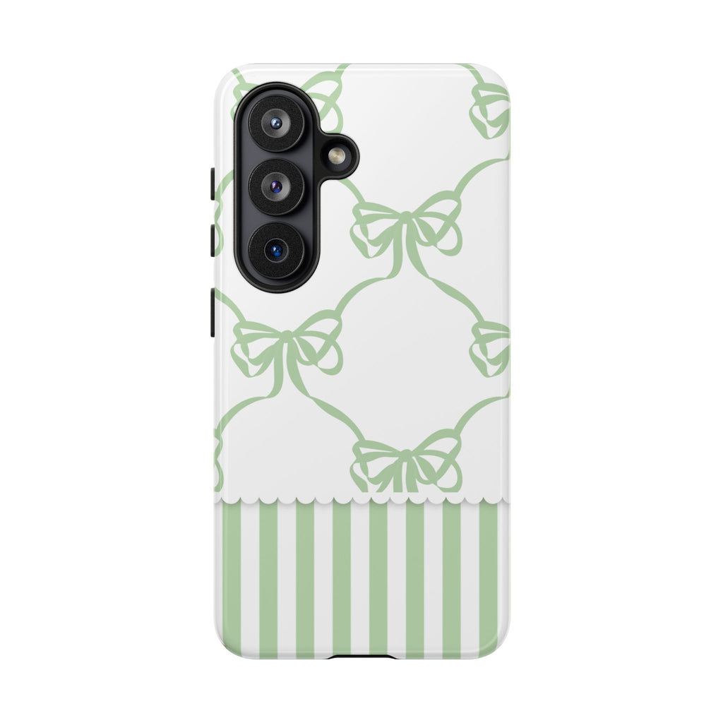 Bow Pattern Tough Phone Case — Pastel Green Stripes & Ribbon Design