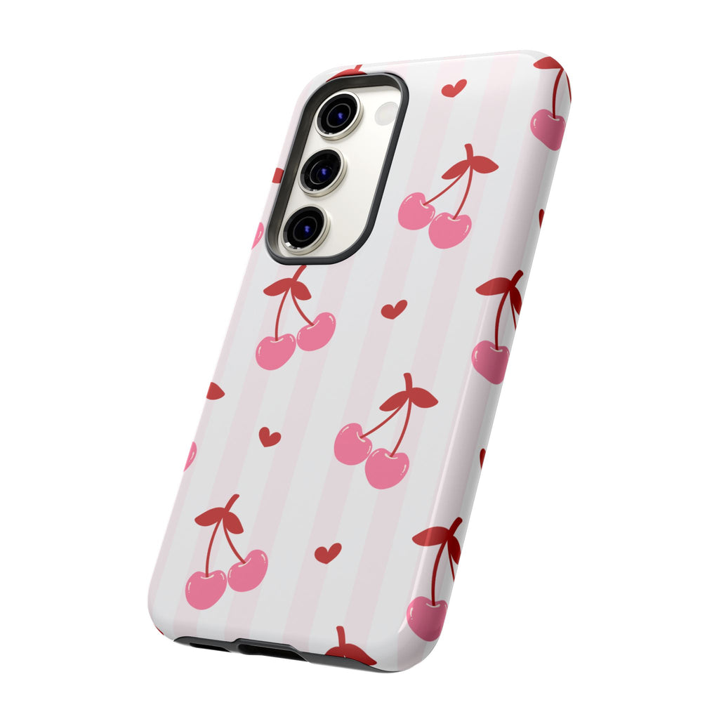 Pink Cherry Pattern Tough Phone Case — Cute Retro Fruit Design