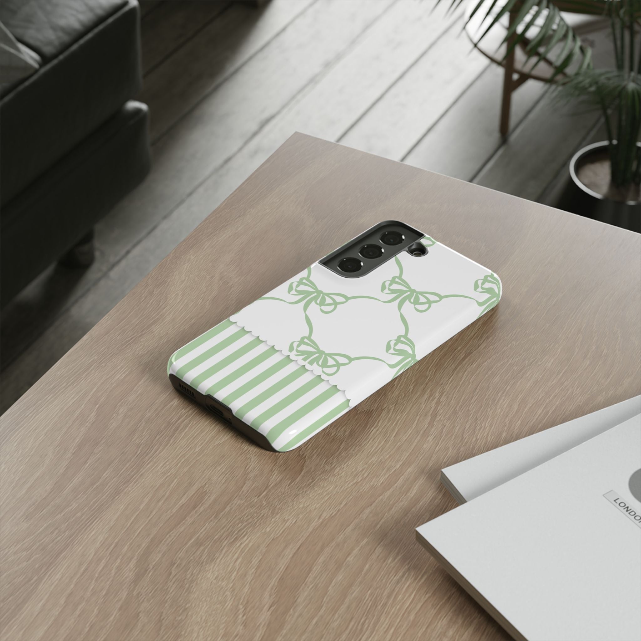 Bow Pattern Tough Phone Case — Pastel Green Stripes & Ribbon Design
