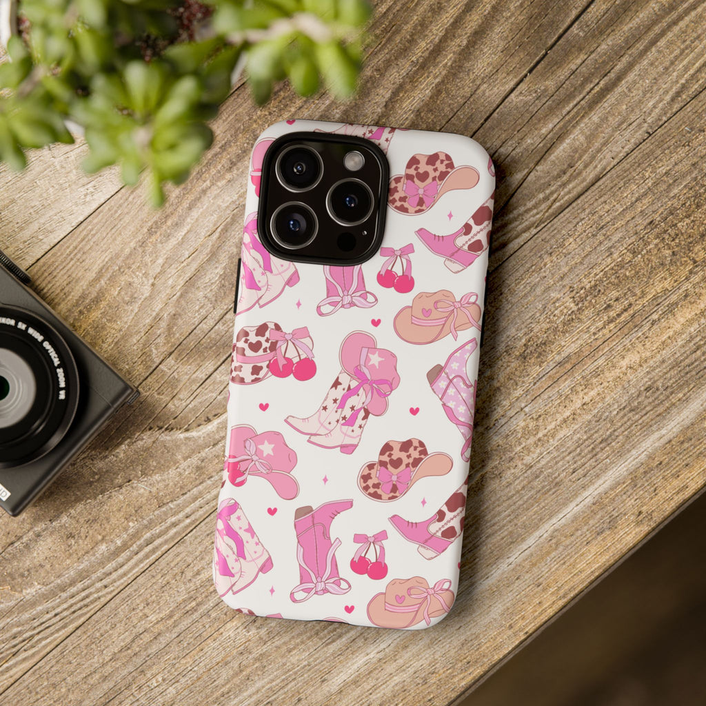 Pink Cowgirl Phone Case - Cute Western Boots & Hats Pattern Tough Case