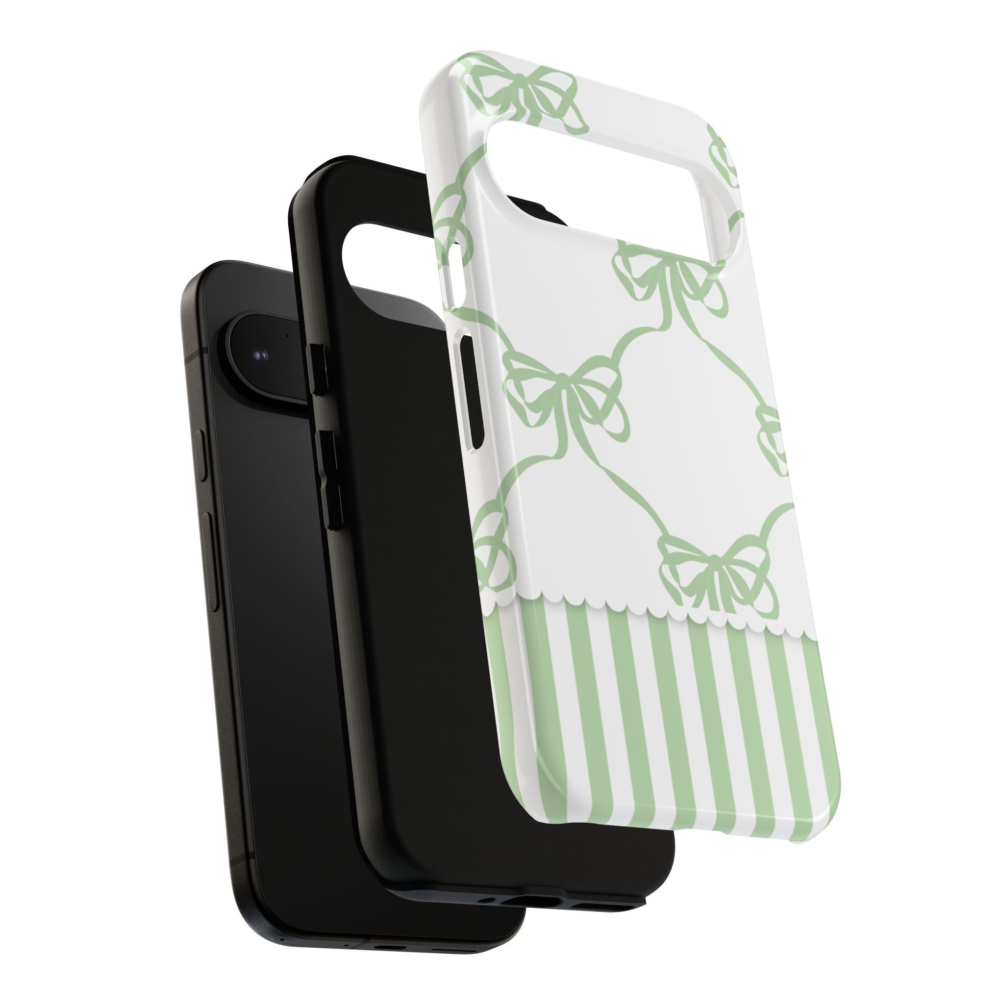 Bow Pattern Tough Phone Case — Pastel Green Stripes & Ribbon Design