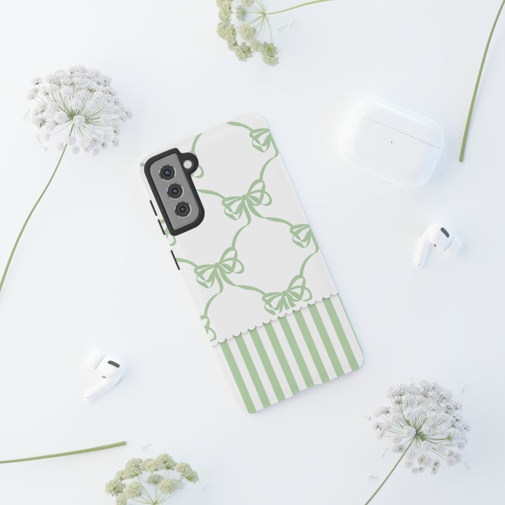 Bow Pattern Tough Phone Case — Pastel Green Stripes & Ribbon Design