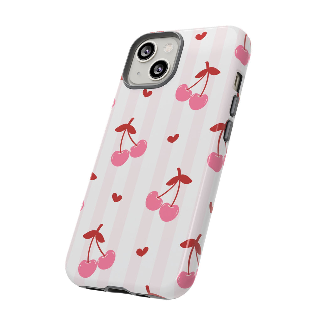 Pink Cherry Pattern Tough Phone Case — Cute Retro Fruit Design