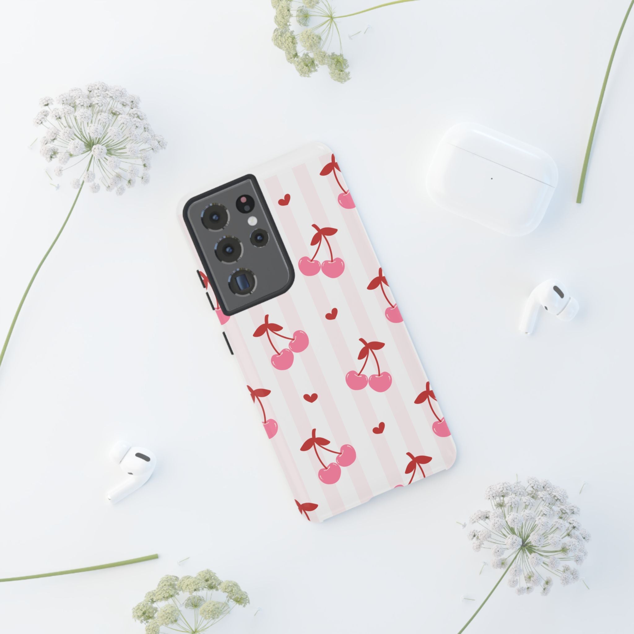 Pink Cherry Pattern Tough Phone Case — Cute Retro Fruit Design