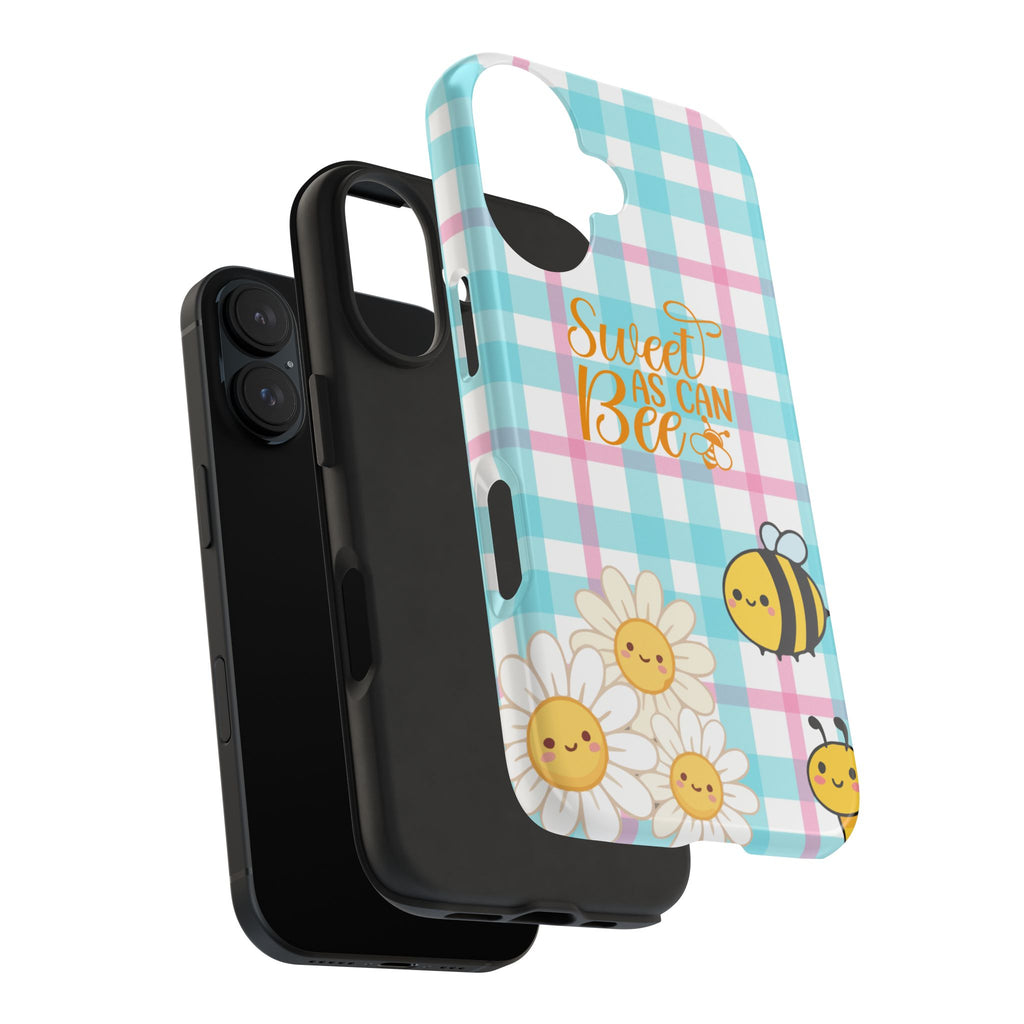 Sweet As Can Bee Tough Phone Case — Cute Bee & Daisy Plaid Protective Cover