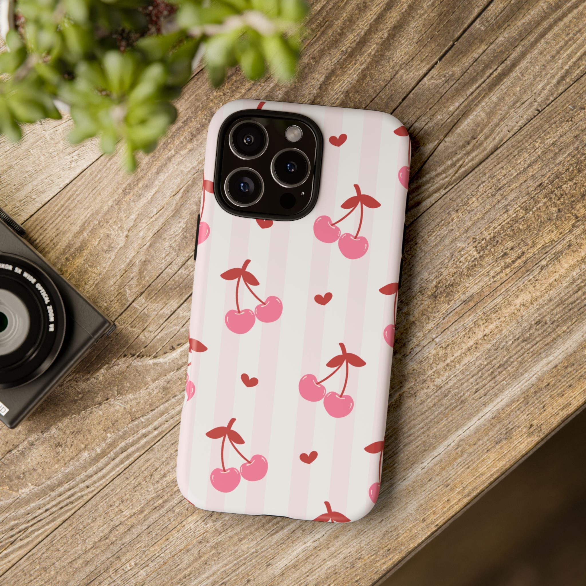 Pink Cherry Pattern Tough Phone Case — Cute Retro Fruit Design