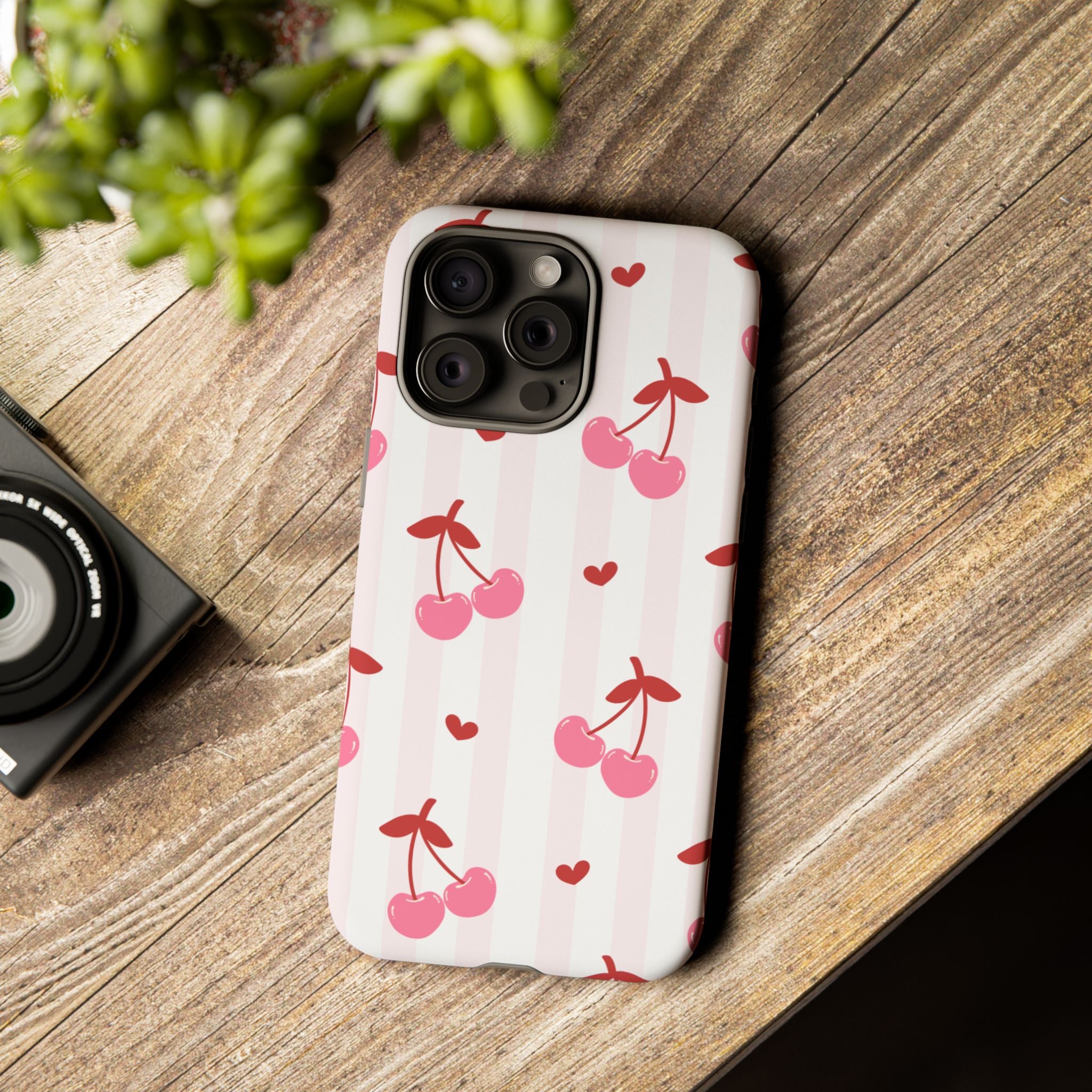 Pink Cherry Pattern Tough Phone Case — Cute Retro Fruit Design