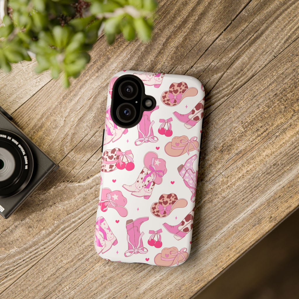 Pink Cowgirl Phone Case - Cute Western Boots & Hats Pattern Tough Case