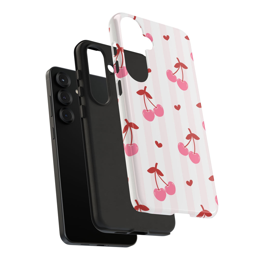 Pink Cherry Pattern Tough Phone Case — Cute Retro Fruit Design
