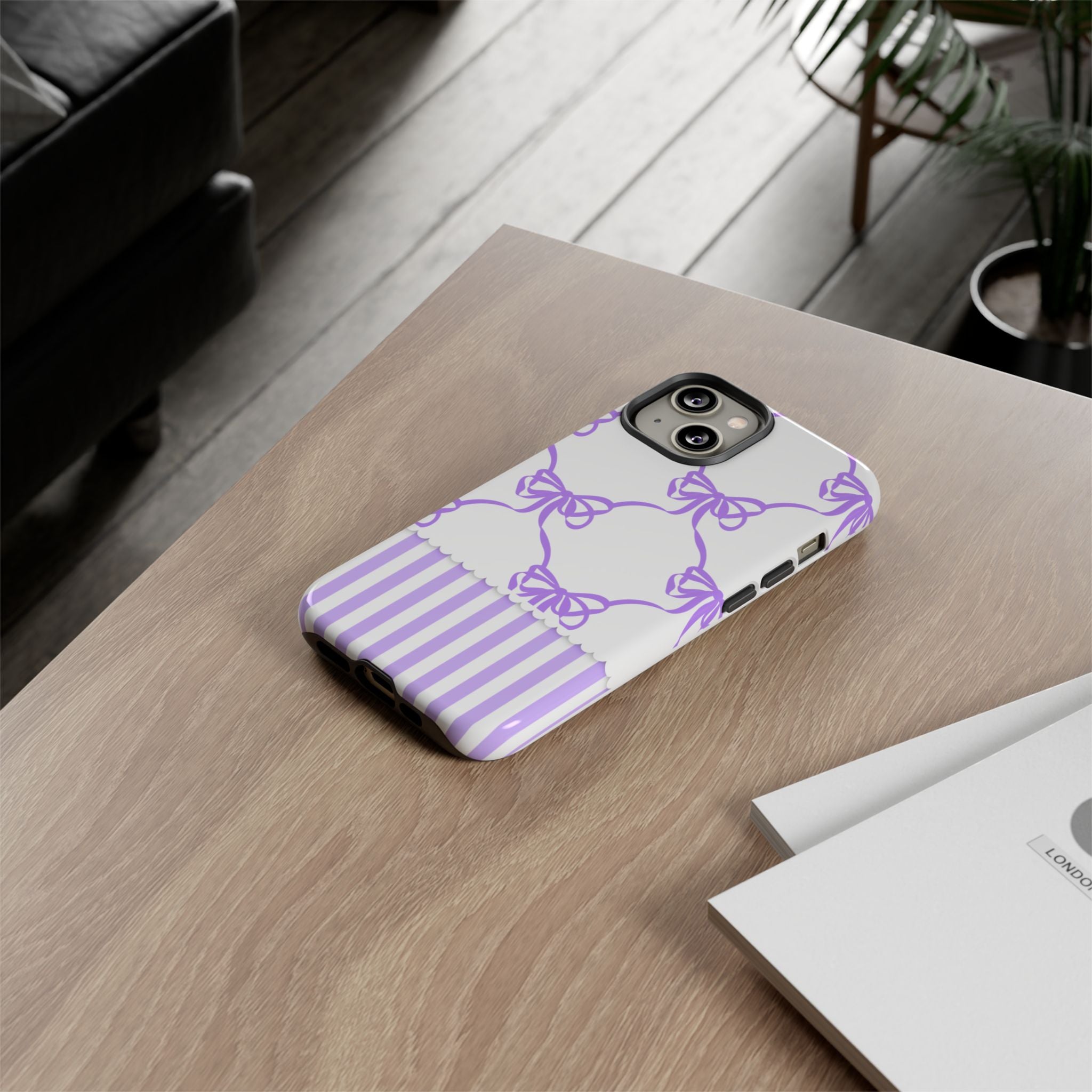 Lavender Bow Pattern Tough Phone Case - Striped Cute iPhone Cover