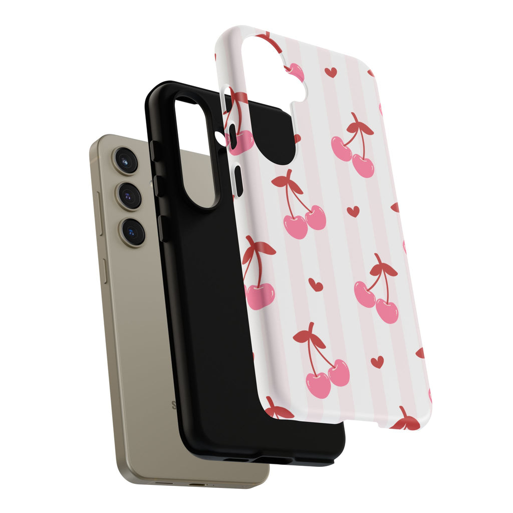 Pink Cherry Pattern Tough Phone Case — Cute Retro Fruit Design