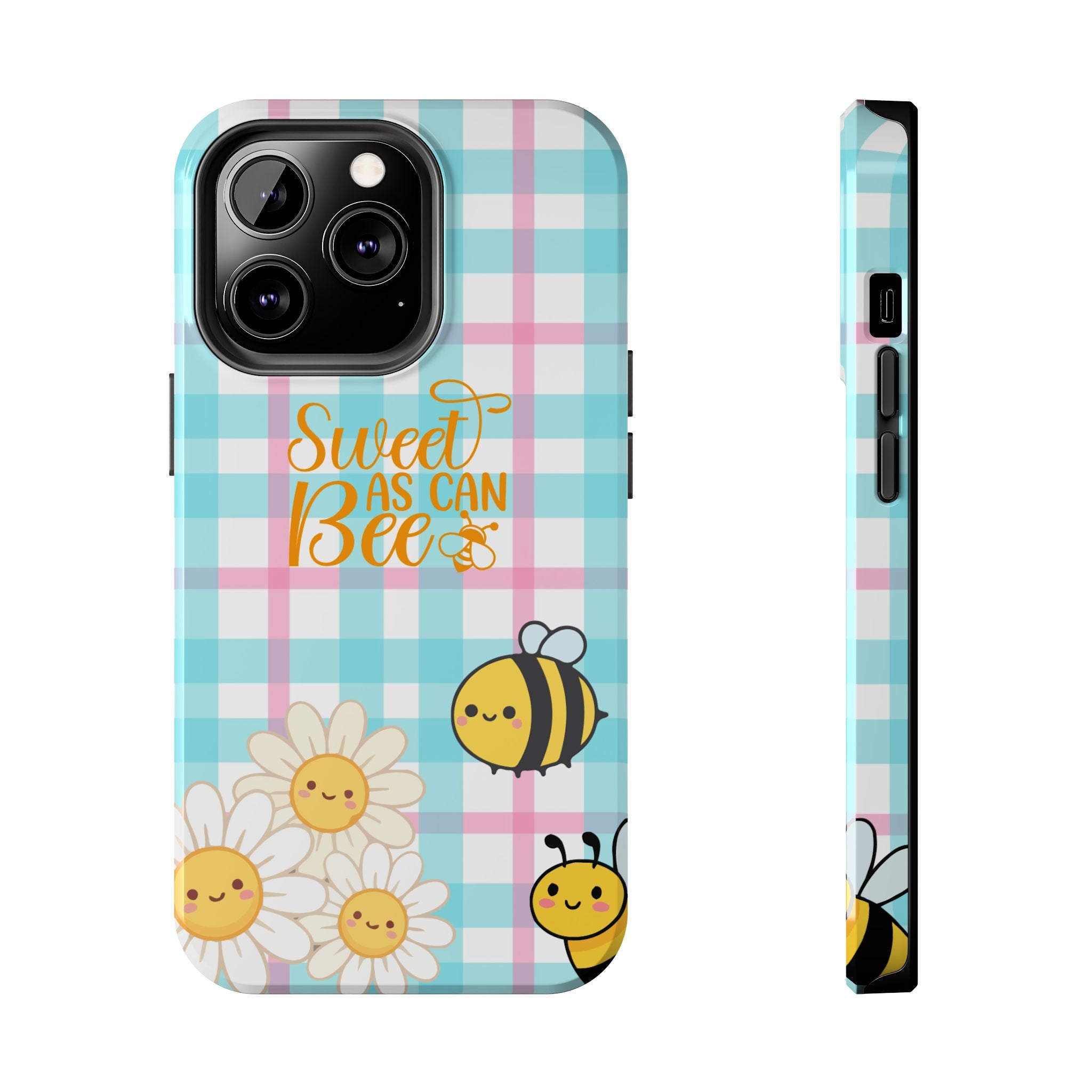 Sweet As Can Bee Tough Phone Case — Cute Bee & Daisy Plaid Protective Cover