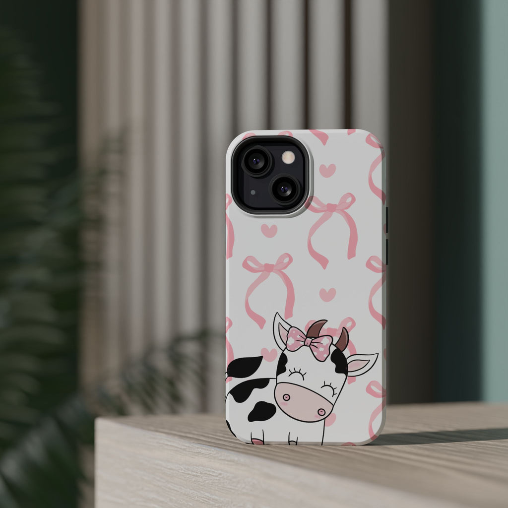 Cute Cow Phone Case — Pink Bows Magnetic Impact-Resistant Case