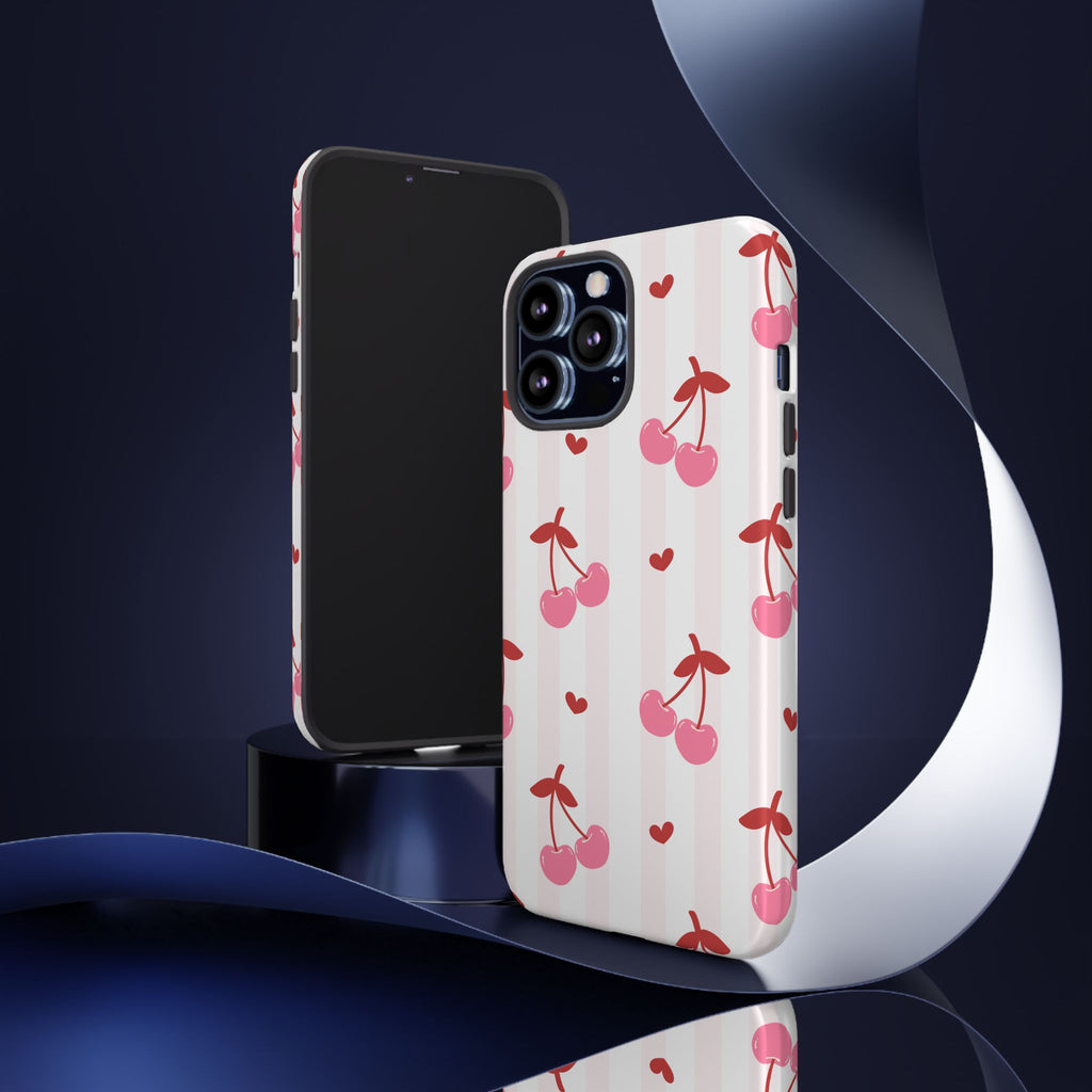 Pink Cherry Pattern Tough Phone Case — Cute Retro Fruit Design