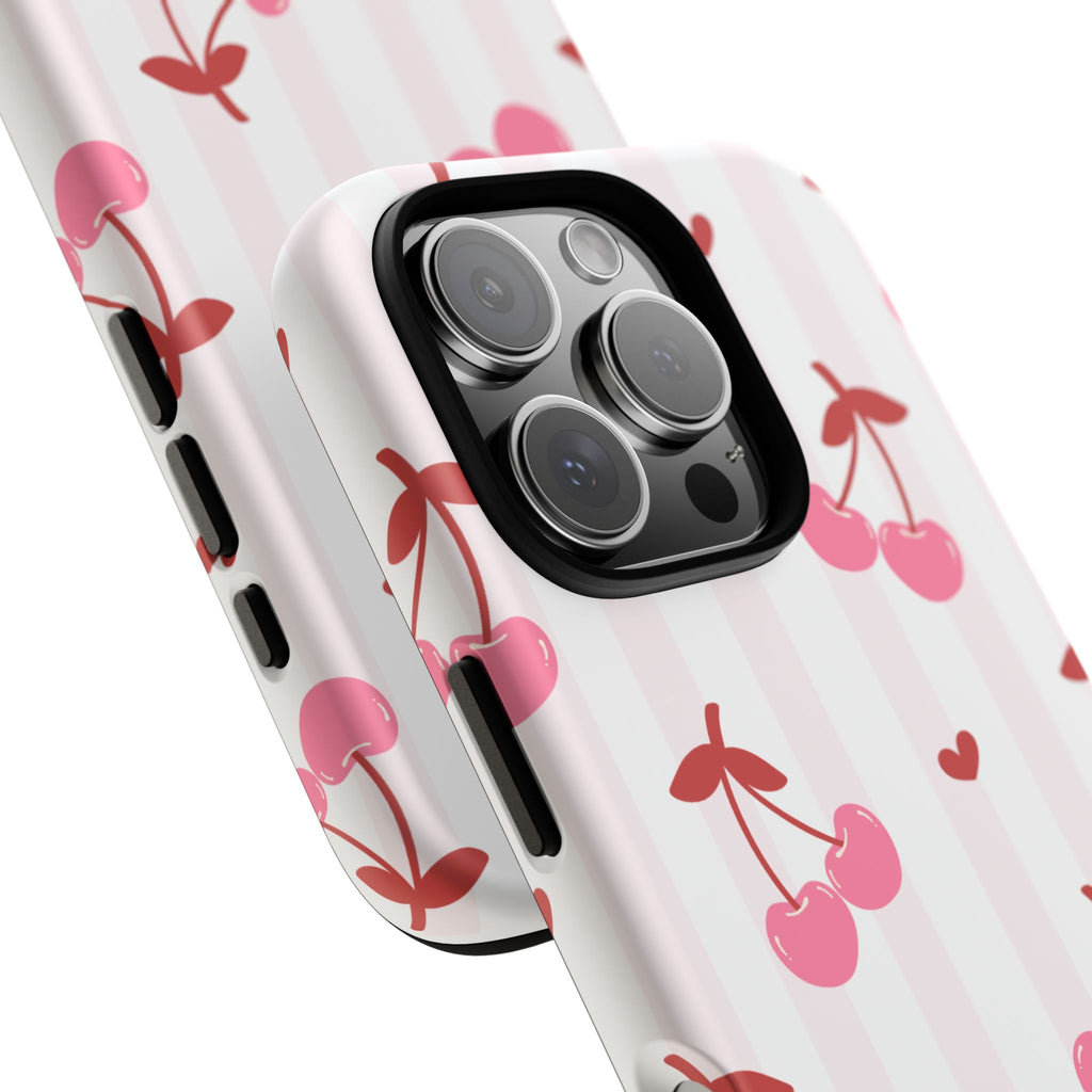 Pink Cherry Pattern Tough Phone Case — Cute Retro Fruit Design
