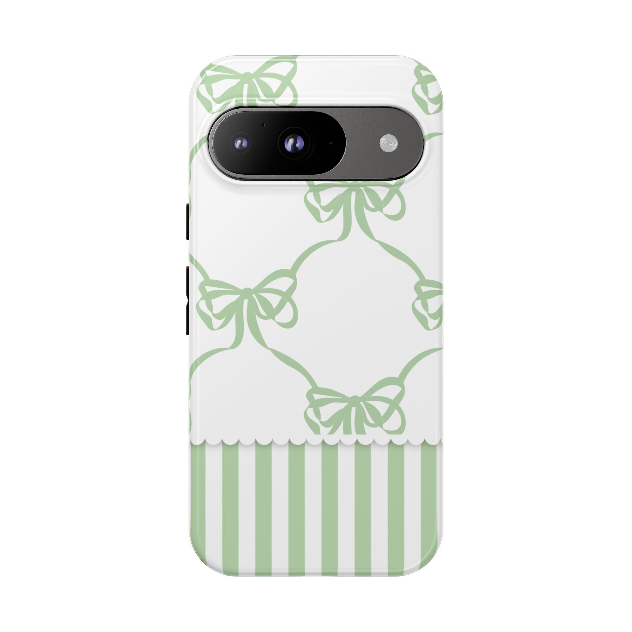 Bow Pattern Tough Phone Case — Pastel Green Stripes & Ribbon Design