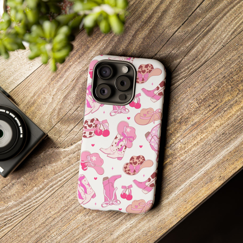 Pink Cowgirl Phone Case - Cute Western Boots & Hats Pattern Tough Case