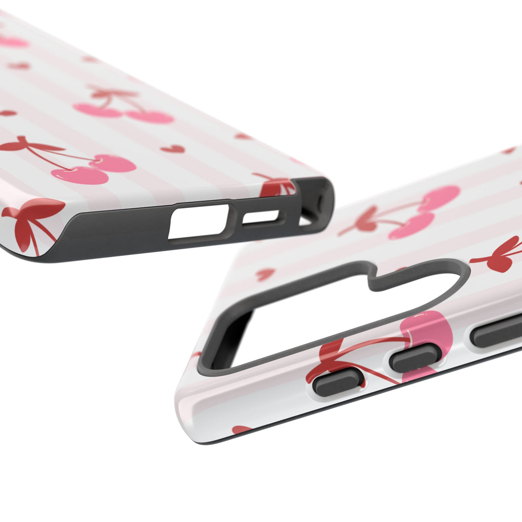 Pink Cherry Pattern Tough Phone Case — Cute Retro Fruit Design