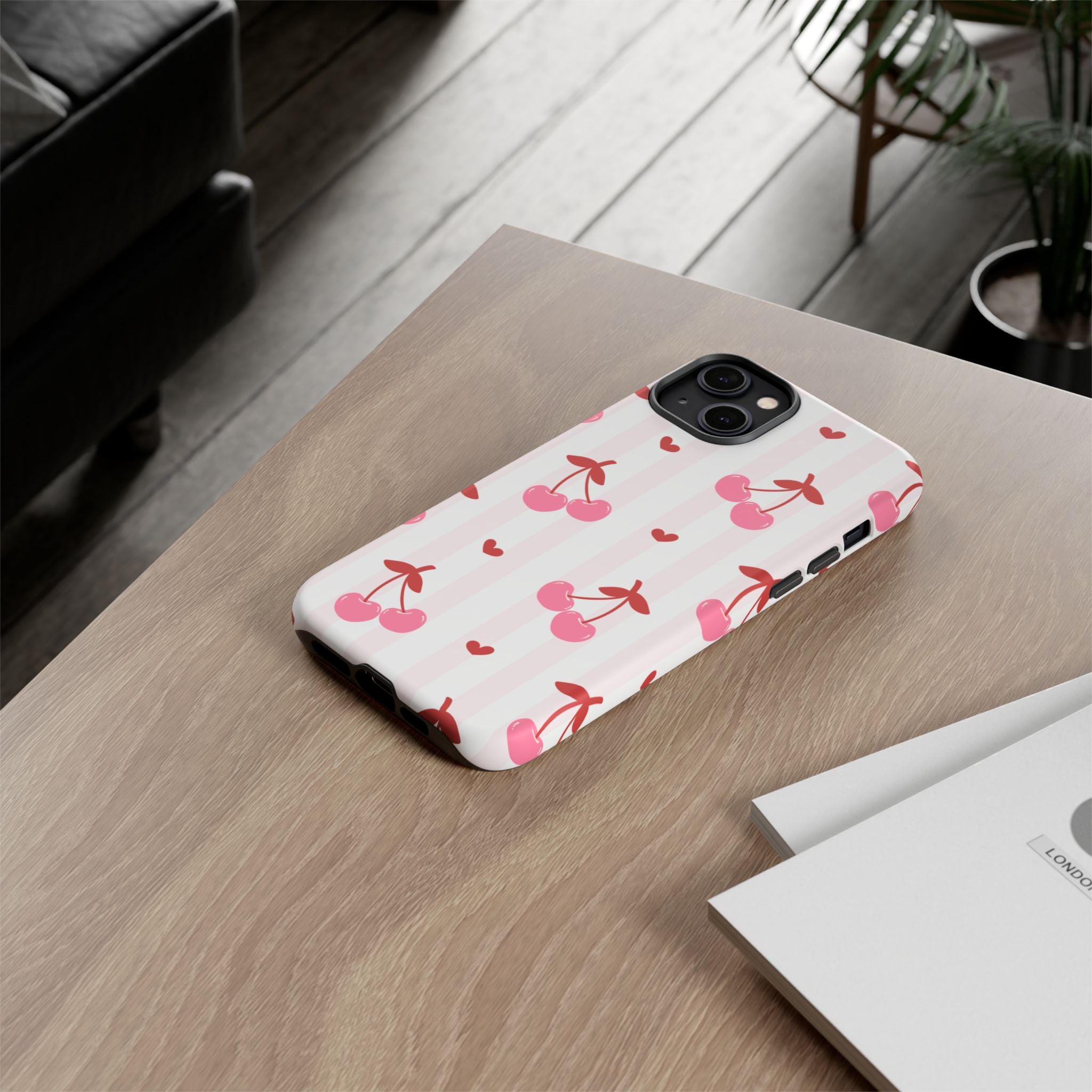 Pink Cherry Pattern Tough Phone Case — Cute Retro Fruit Design