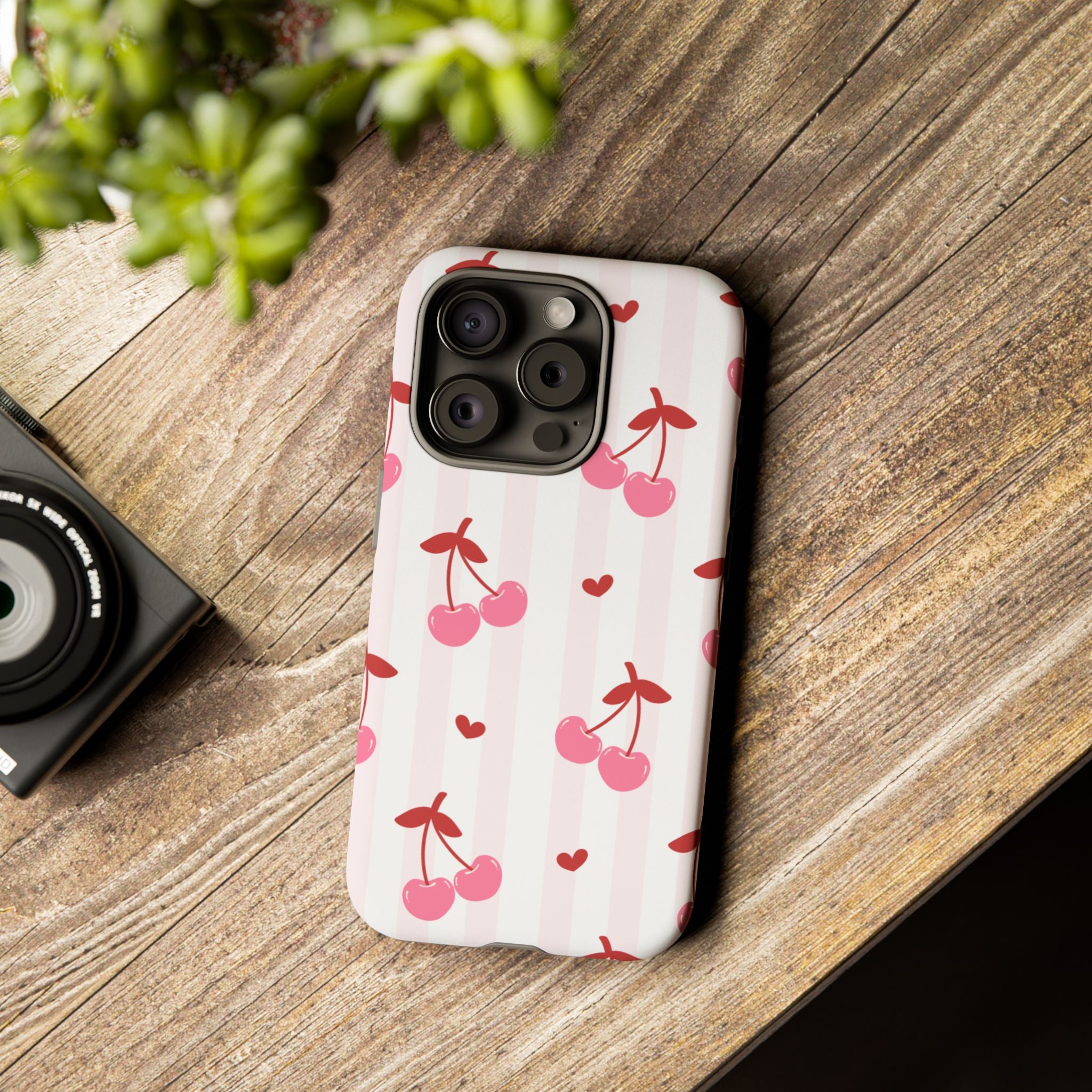 Pink Cherry Pattern Tough Phone Case — Cute Retro Fruit Design
