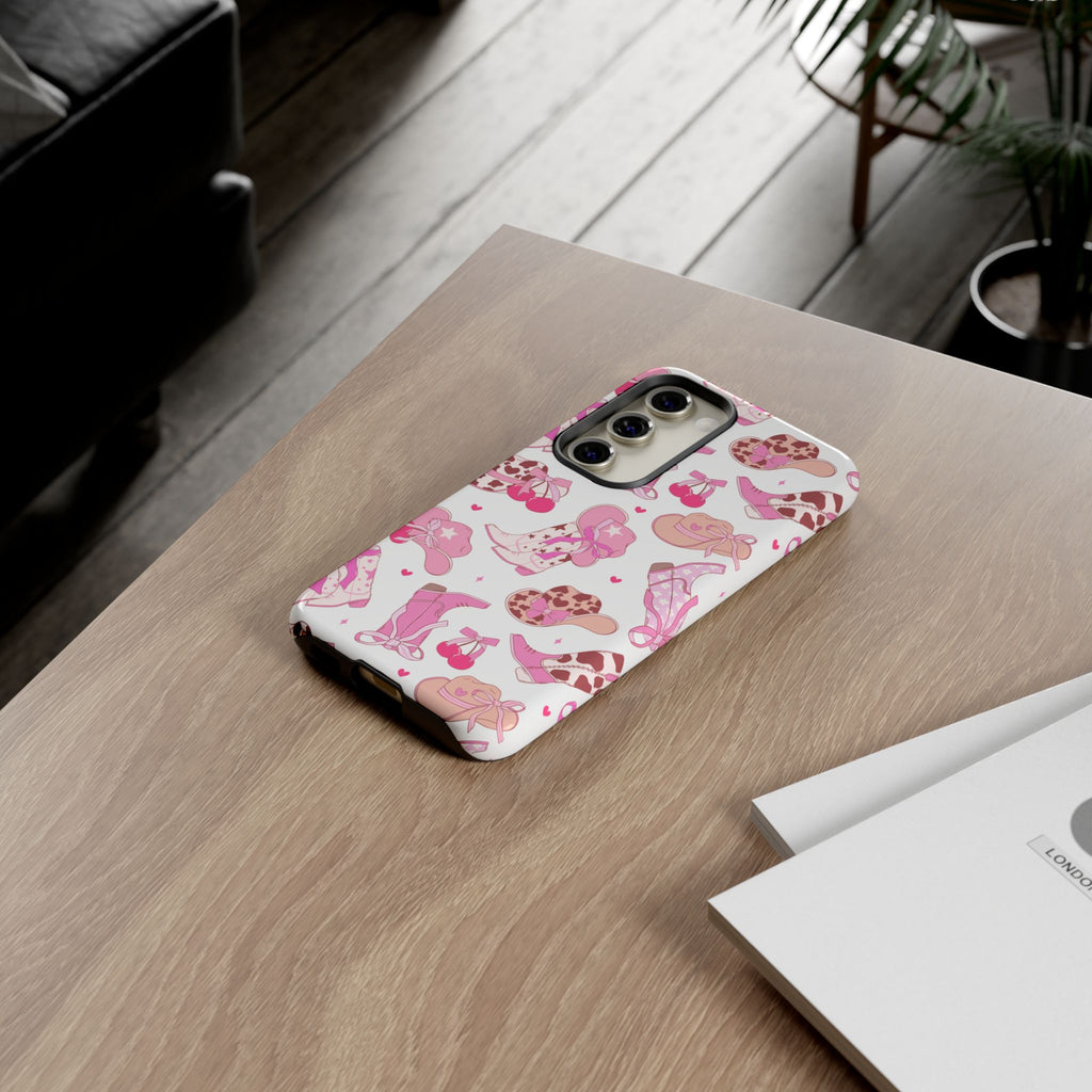 Pink Cowgirl Phone Case - Cute Western Boots & Hats Pattern Tough Case