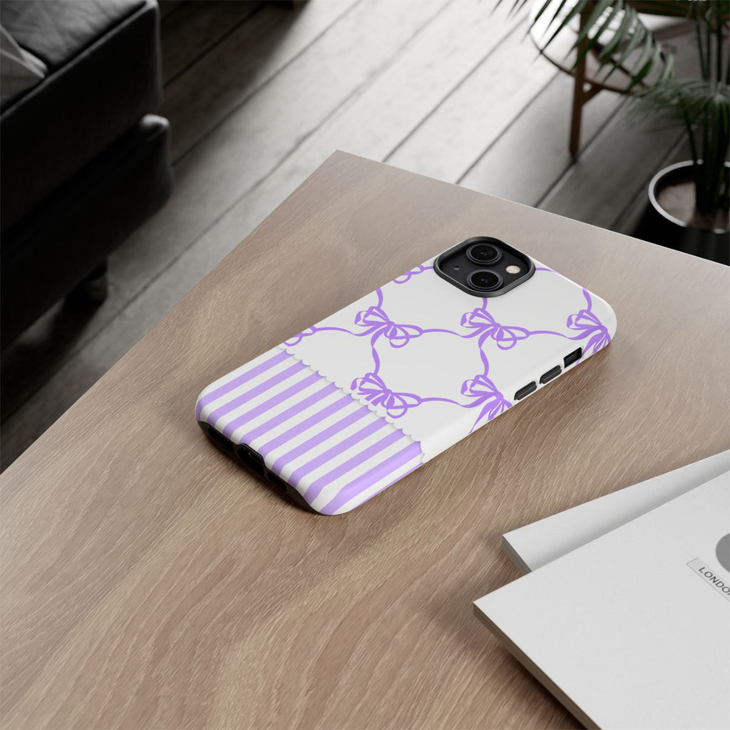 Lavender Bow Pattern Tough Phone Case - Striped Cute iPhone Cover