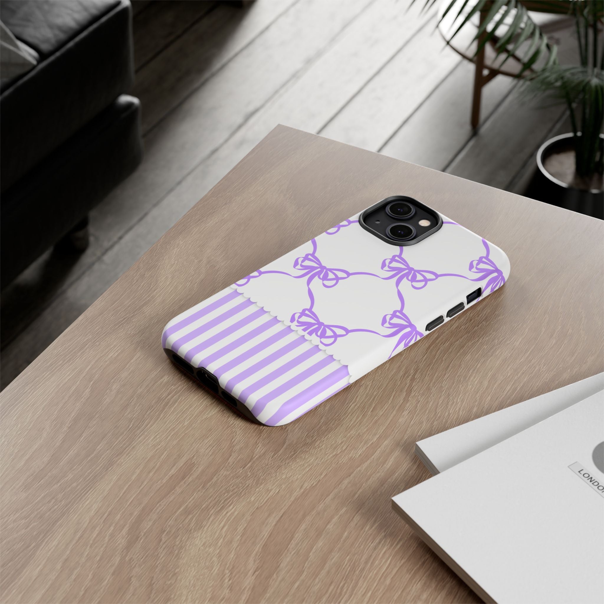 Lavender Bow Pattern Tough Phone Case - Striped Cute iPhone Cover