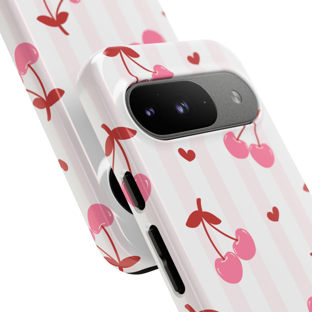 Pink Cherry Pattern Tough Phone Case — Cute Retro Fruit Design