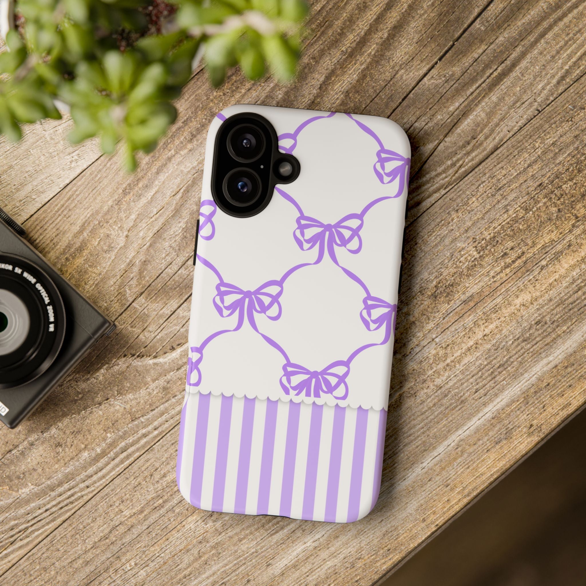 Lavender Bow Pattern Tough Phone Case - Striped Cute iPhone Cover