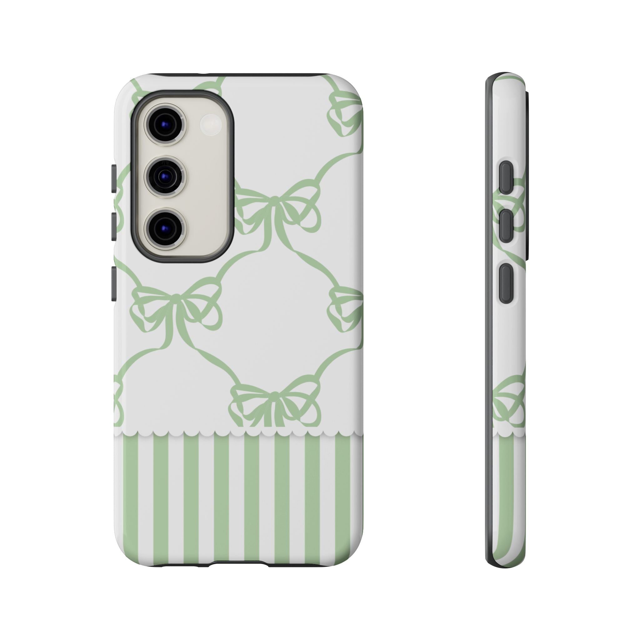 Bow Pattern Tough Phone Case — Pastel Green Stripes & Ribbon Design