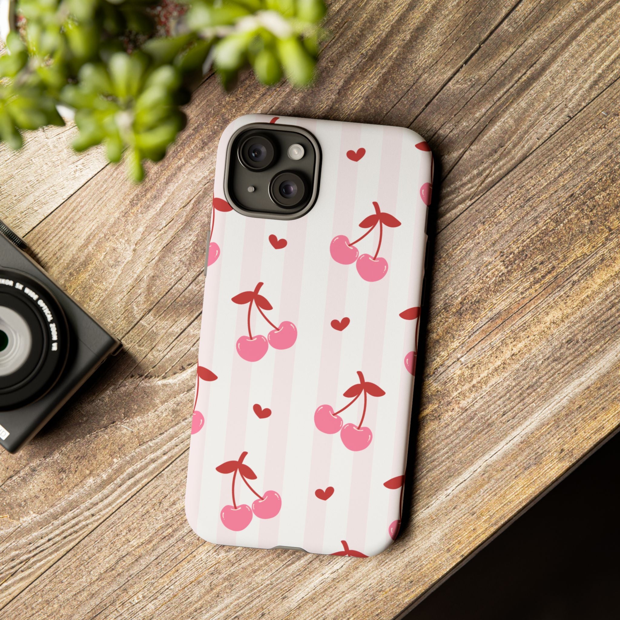 Pink Cherry Pattern Tough Phone Case — Cute Retro Fruit Design