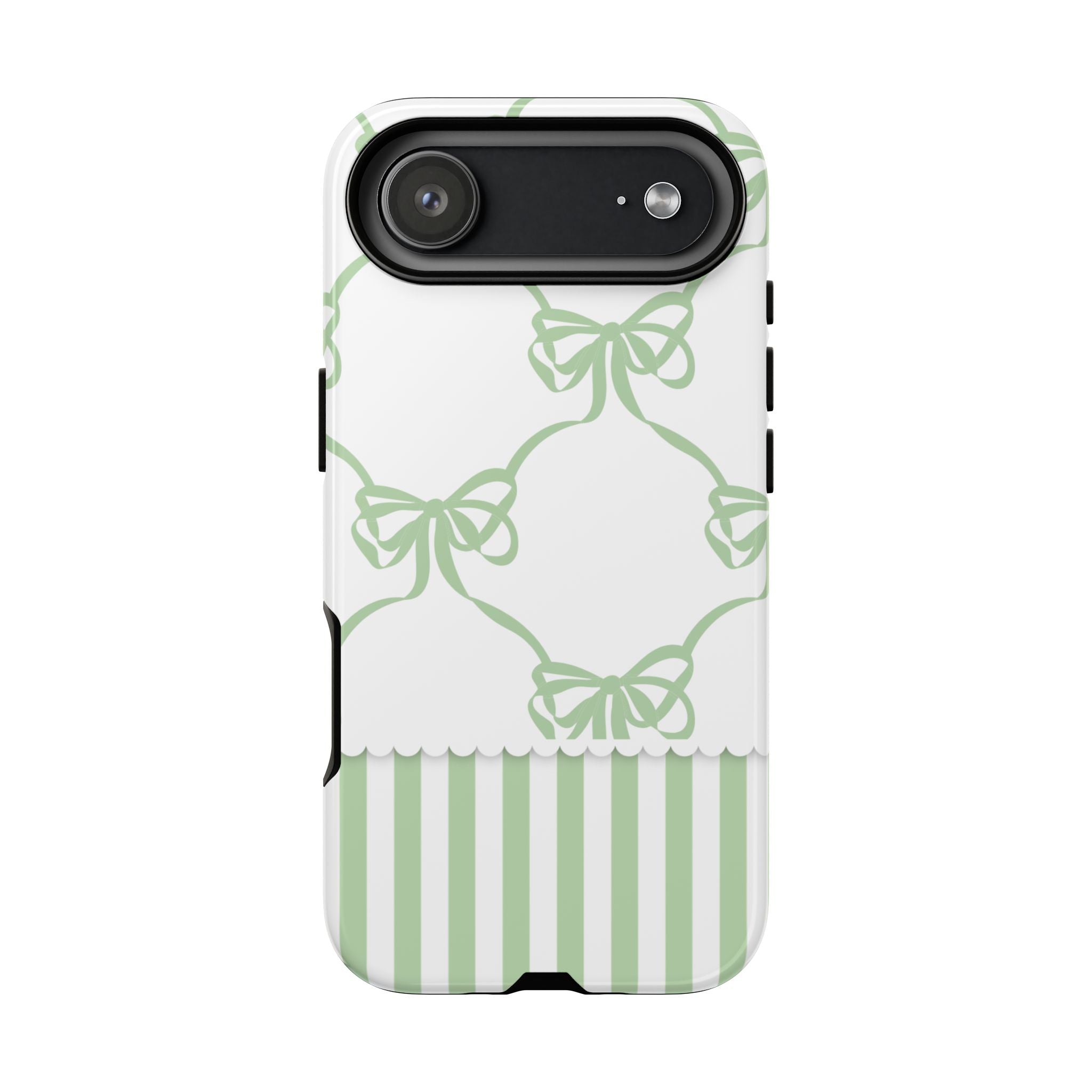 Bow Pattern Tough Phone Case — Pastel Green Stripes & Ribbon Design