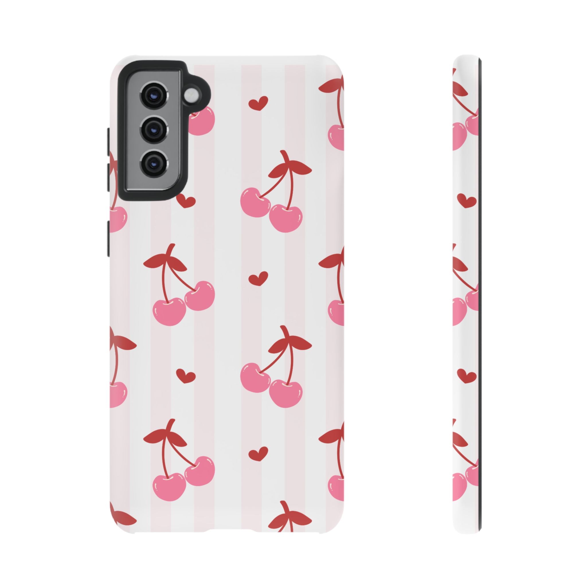 Pink Cherry Pattern Tough Phone Case — Cute Retro Fruit Design