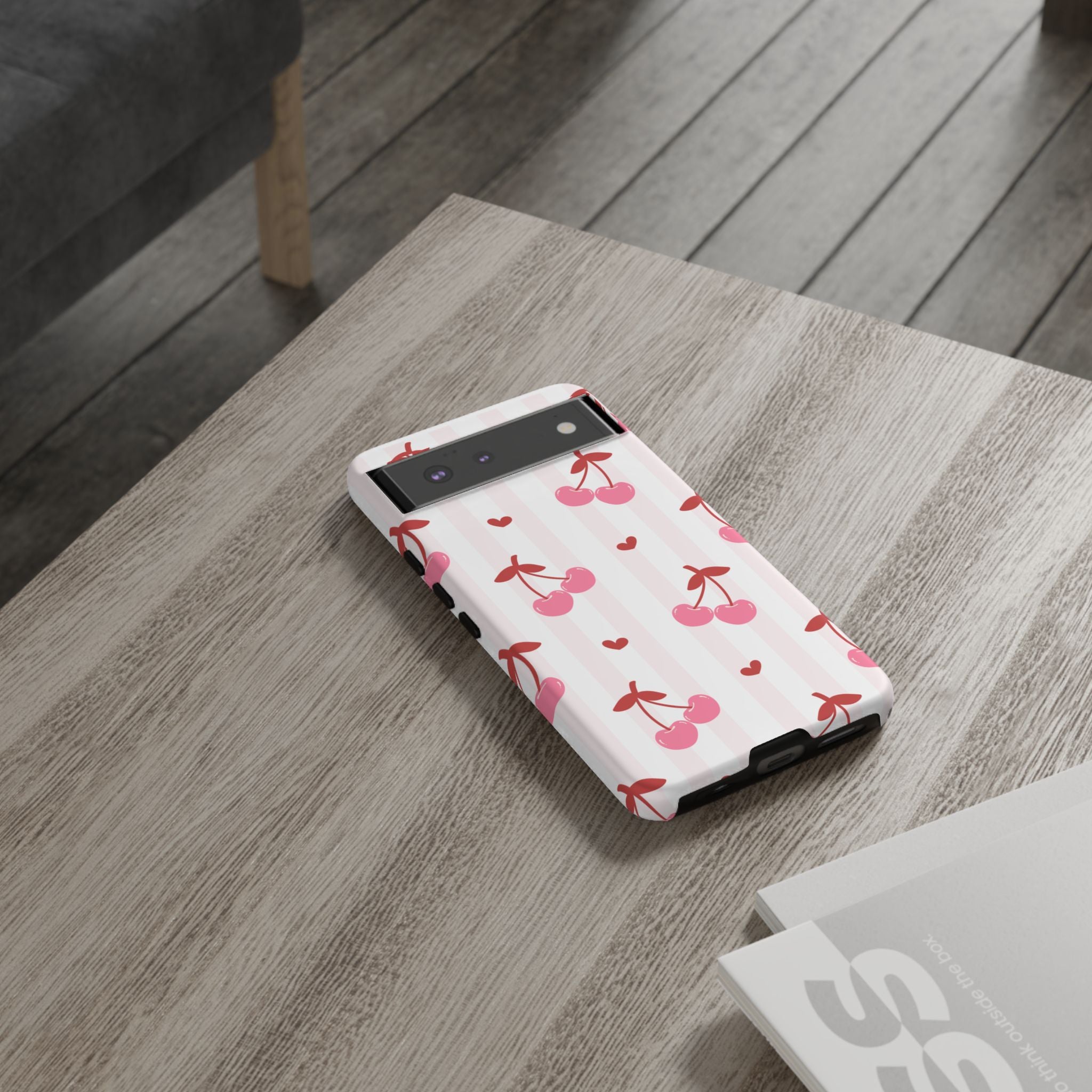 Pink Cherry Pattern Tough Phone Case — Cute Retro Fruit Design