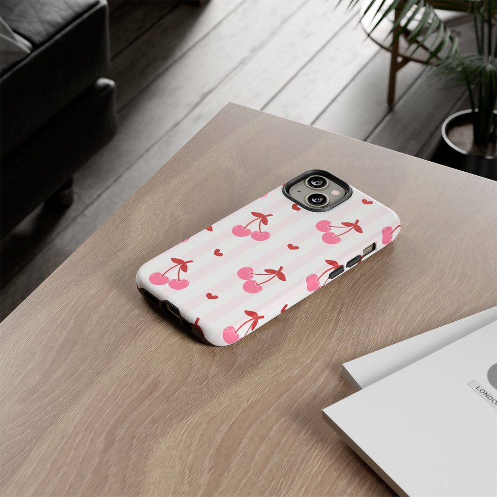 Pink Cherry Pattern Tough Phone Case — Cute Retro Fruit Design