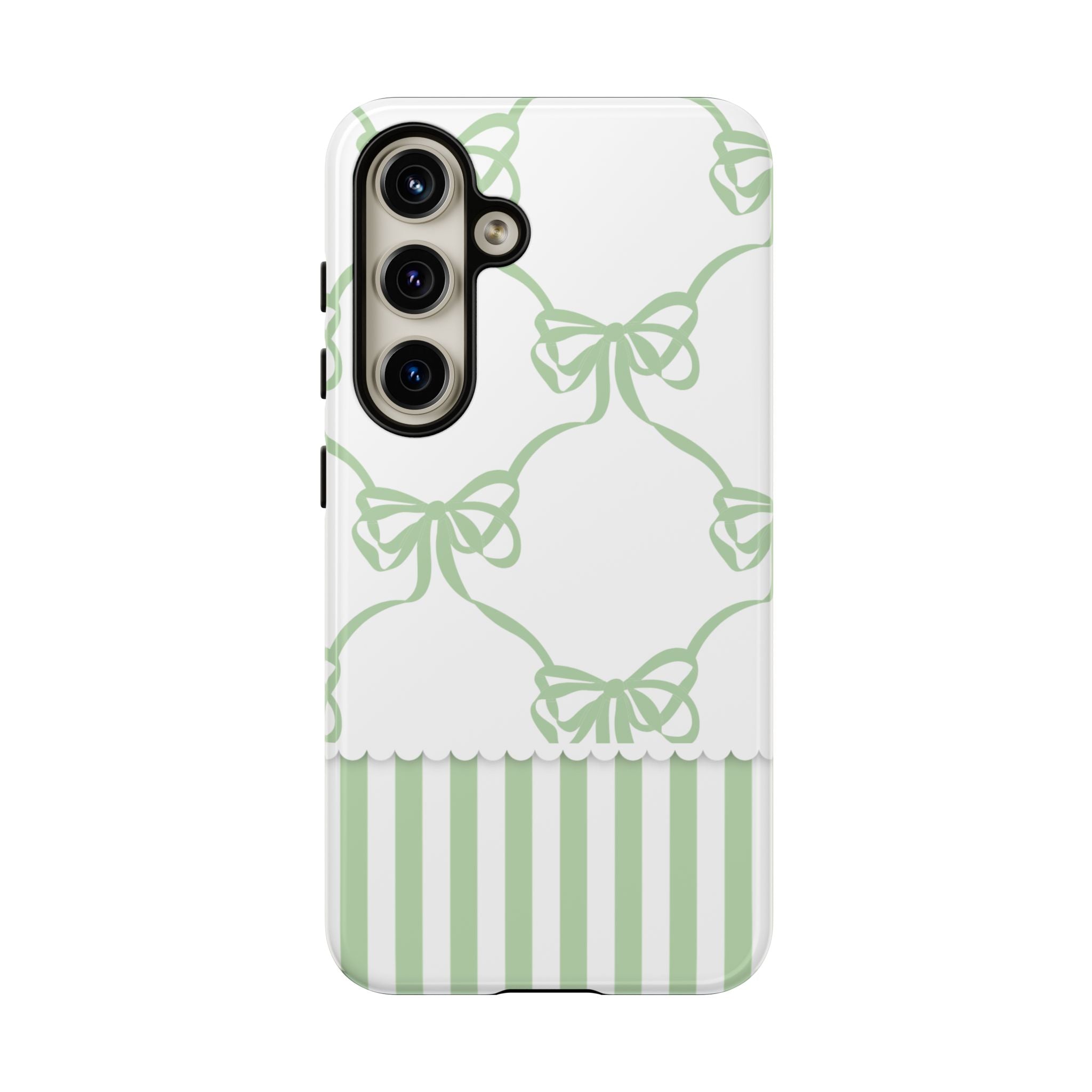 Bow Pattern Tough Phone Case — Pastel Green Stripes & Ribbon Design