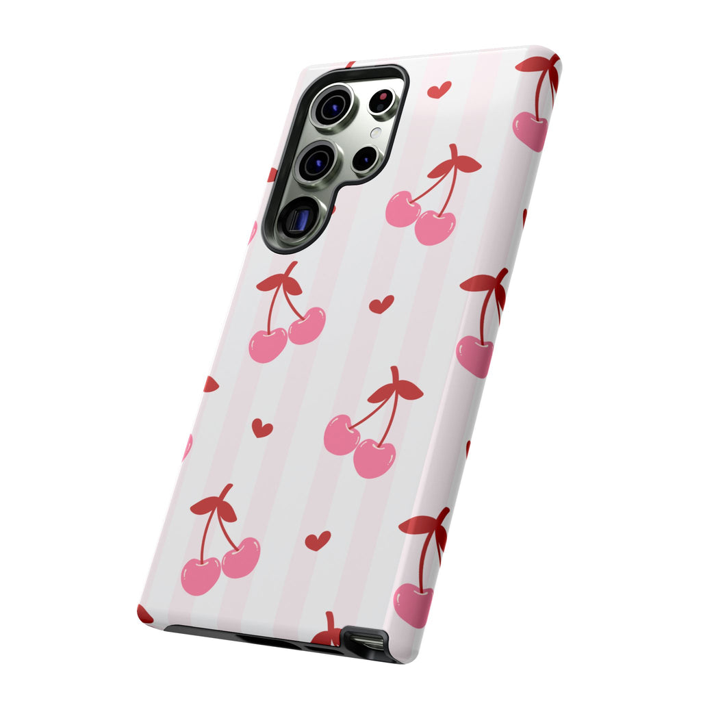 Pink Cherry Pattern Tough Phone Case — Cute Retro Fruit Design