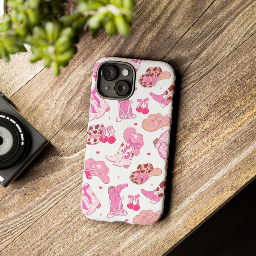Pink Cowgirl Phone Case - Cute Western Boots & Hats Pattern Tough Case