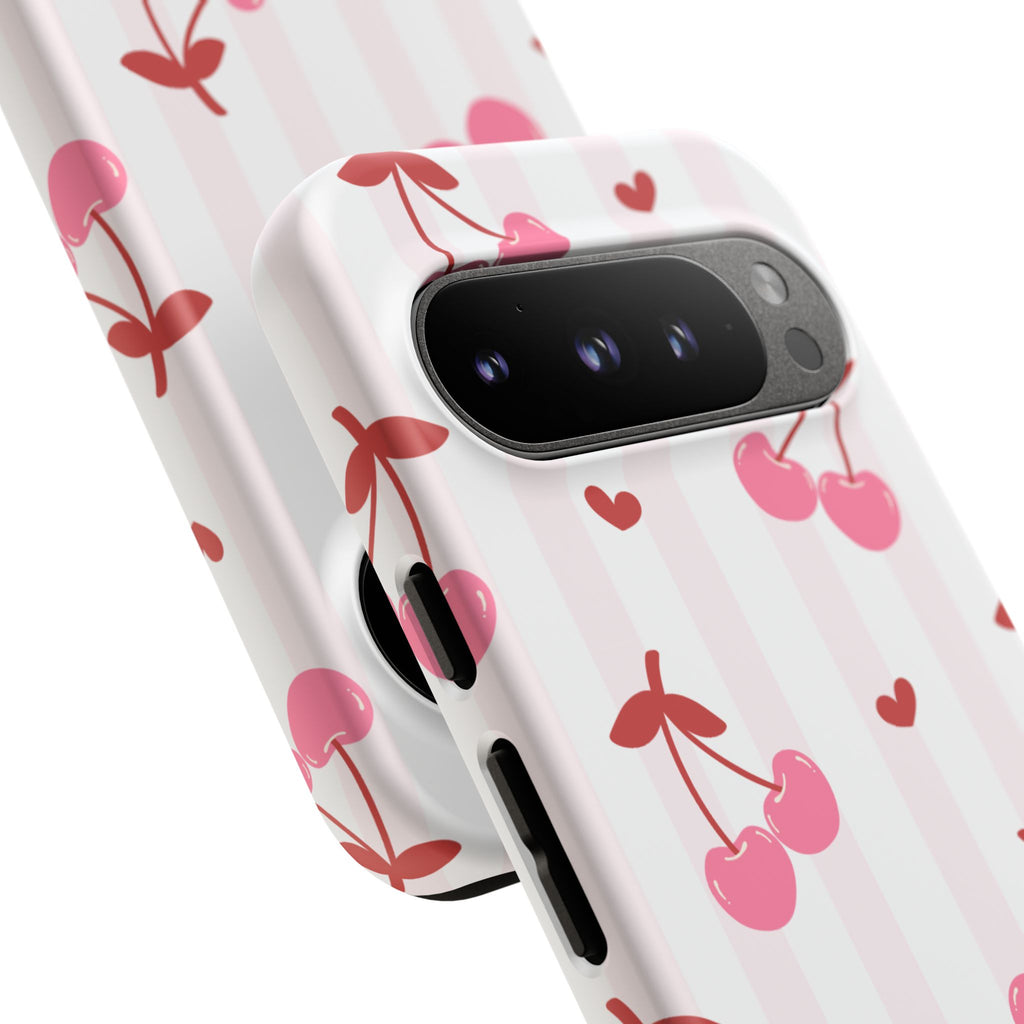 Pink Cherry Pattern Tough Phone Case — Cute Retro Fruit Design