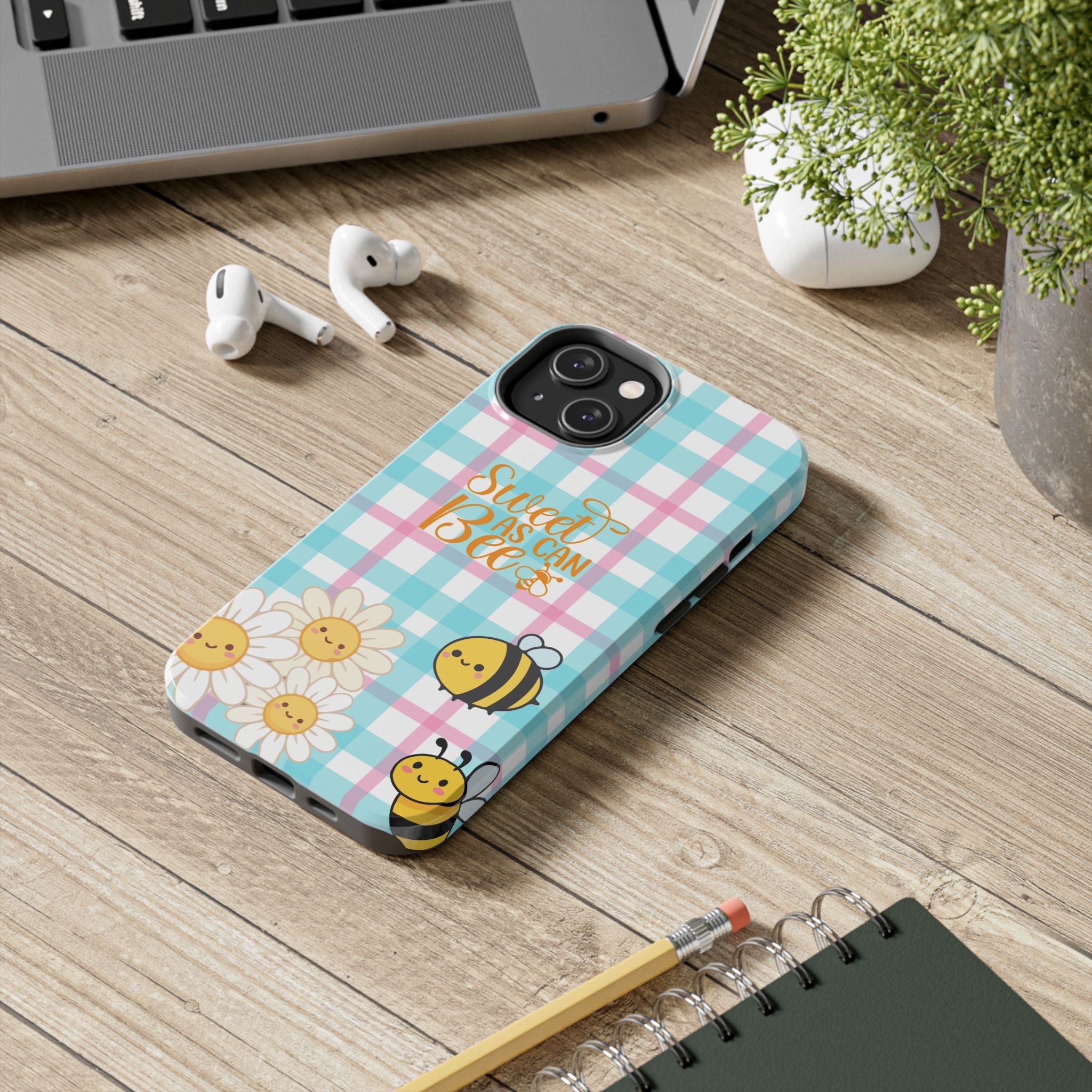 Sweet As Can Bee Tough Phone Case — Cute Bee & Daisy Plaid Protective Cover
