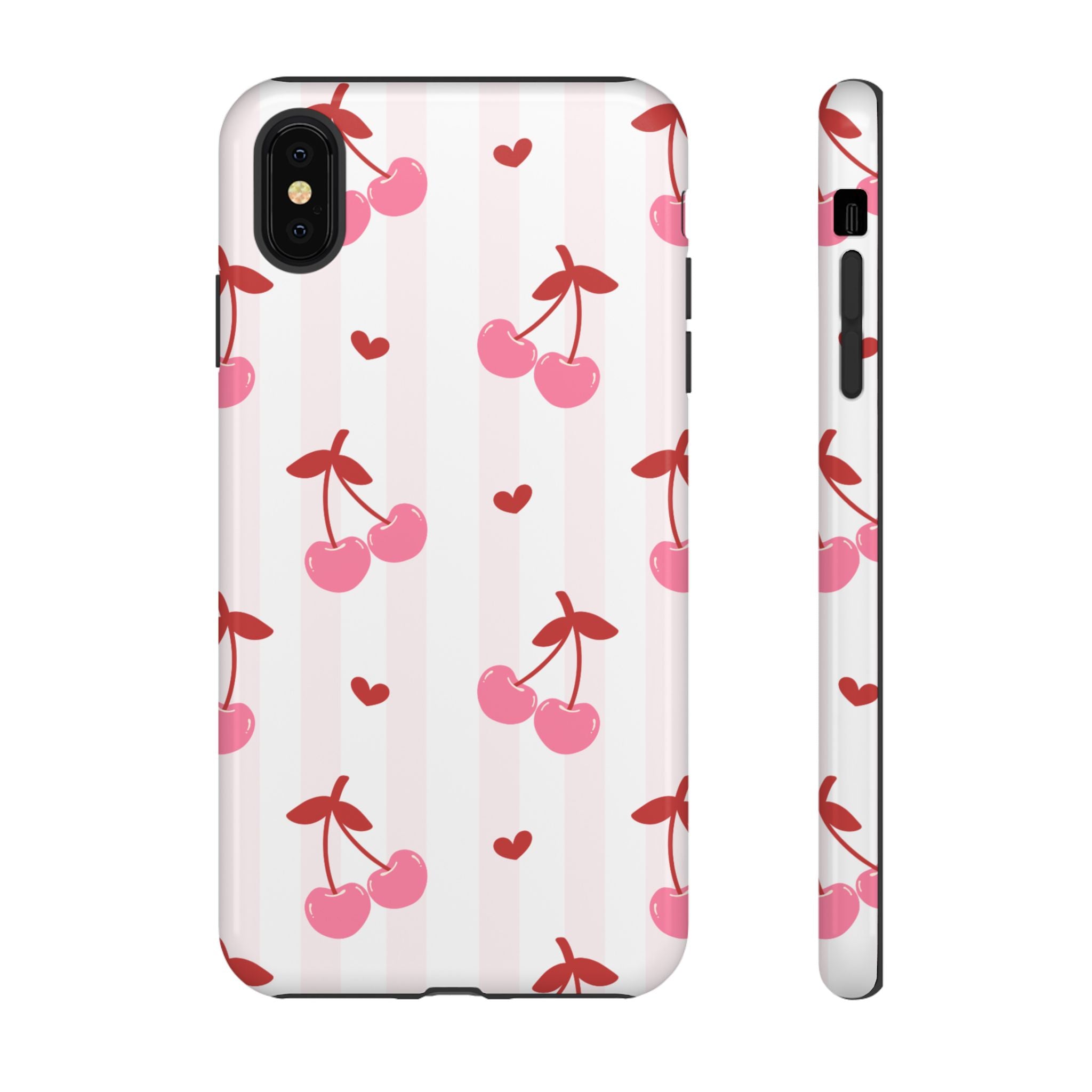 Pink Cherry Pattern Tough Phone Case — Cute Retro Fruit Design