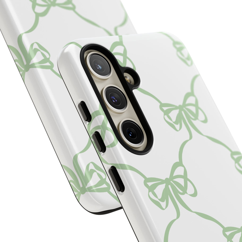 Bow Pattern Tough Phone Case — Pastel Green Stripes & Ribbon Design