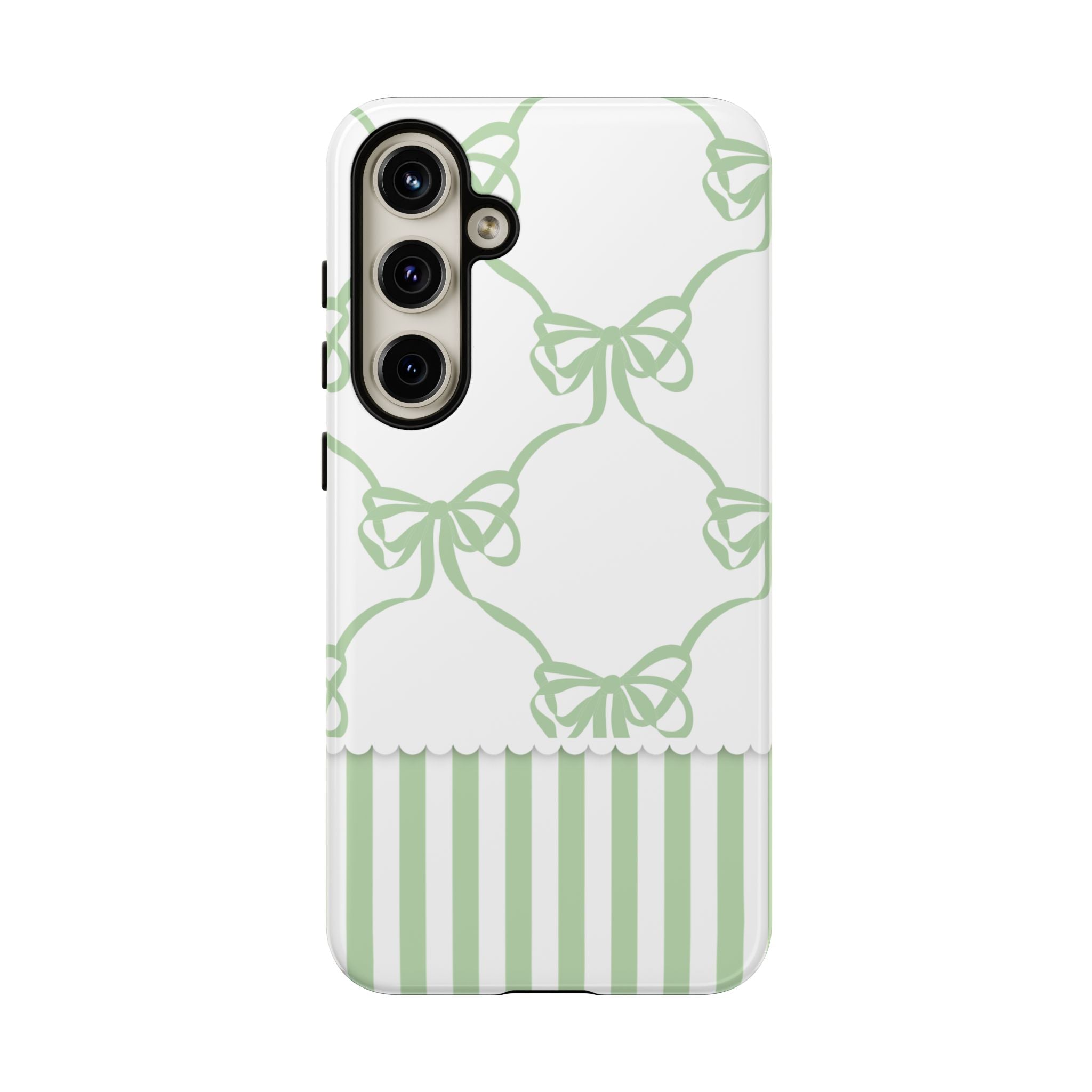 Bow Pattern Tough Phone Case — Pastel Green Stripes & Ribbon Design