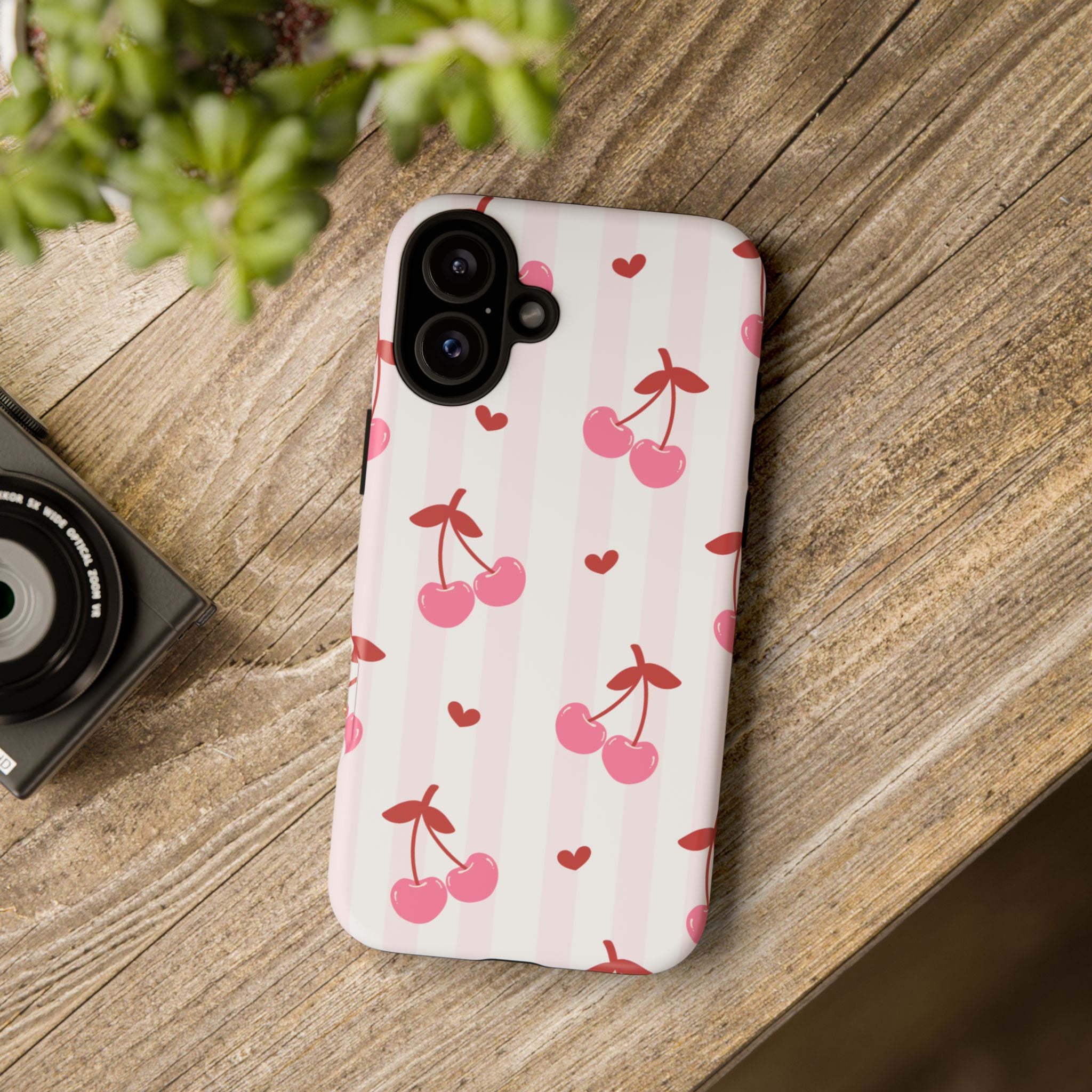 Pink Cherry Pattern Tough Phone Case — Cute Retro Fruit Design