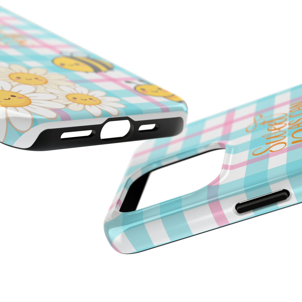 Sweet As Can Bee Tough Phone Case — Cute Bee & Daisy Plaid Protective Cover