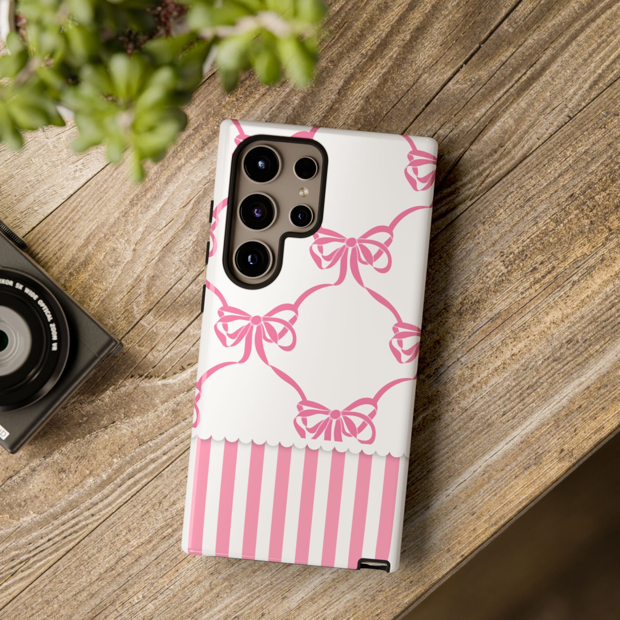Pink Bow Pattern Phone Case — Cute Striped Tough Case