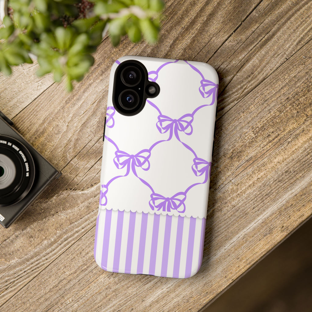 Lavender Bow Pattern Tough Phone Case - Striped Cute iPhone Cover