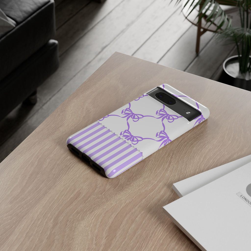 Lavender Bow Pattern Tough Phone Case - Striped Cute iPhone Cover
