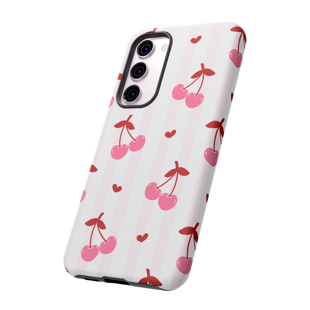 Pink Cherry Pattern Tough Phone Case — Cute Retro Fruit Design