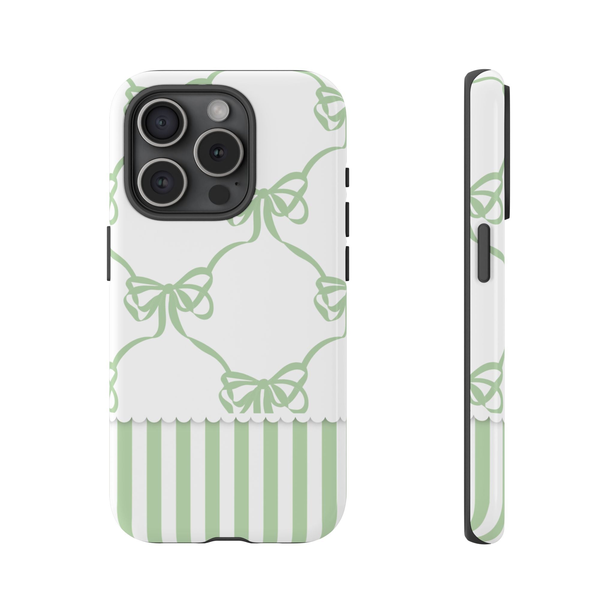 Bow Pattern Tough Phone Case — Pastel Green Stripes & Ribbon Design